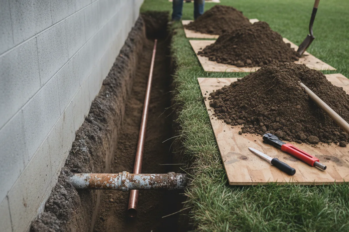 Excavated water line trench during Water Heater Repair in Coolidge